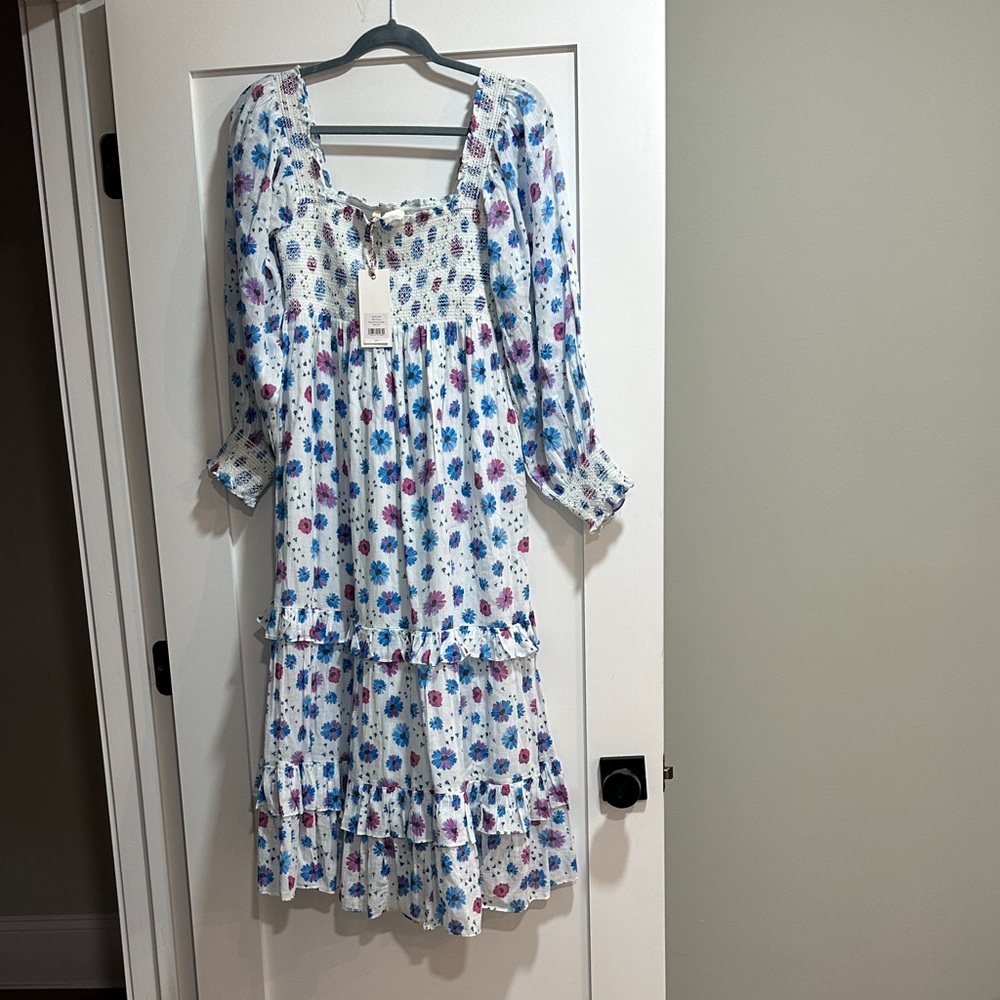 LoveShackFancy Blue and Pink Floral Long Sleeve Dress